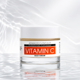 A jar of Advanced Clinicals Vitamin C Face Cream on a reflective white surface with water ripple graphics in the background.