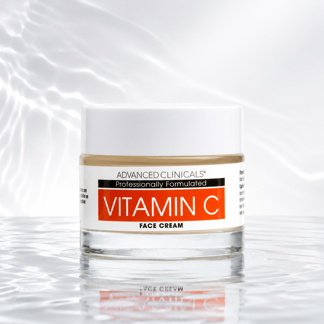 A jar of Advanced Clinicals Vitamin C Face Cream on a reflective white surface with water ripple graphics in the background.