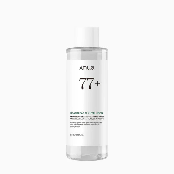 A clear plastic bottle of Anua 77+ Heartleaf 77 + Hyaluron toner with a white cap and white label, shown against a light gray background.