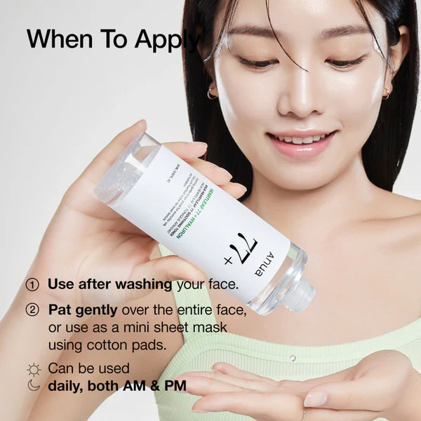 Woman holding a skincare product with usage instructions on a light gray background
