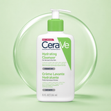 CeraVe Hydrating Cleanser pump bottle in white with a green cap and green label accents, centered in front of a translucent green circular graphic on a pale green background.