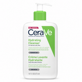 CeraVe Hydrating Cleanser in a 16 FL OZ (473 ml) pump bottle. The bottle is white with a bright green pump dispenser and a green graphic accent on the front label, featuring the CeraVe brand name and product details.