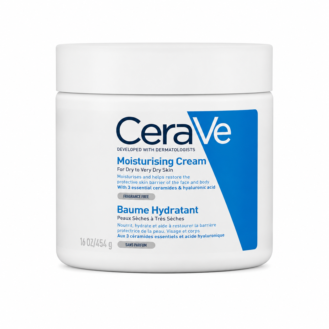 A white plastic jar of CeraVe Moisturising Cream with a blue and black label, shown on a clean white background.