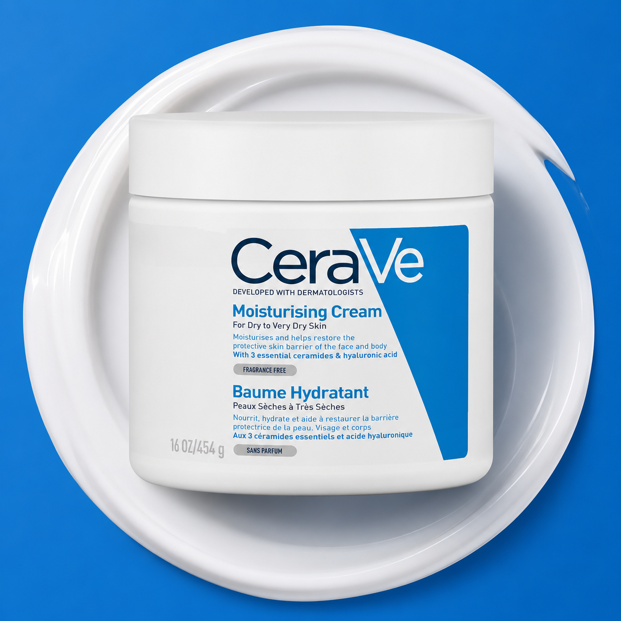 A white jar of CeraVe Moisturising Cream with blue and black text, presented on a white circular dish against a solid blue background.