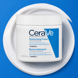 A white jar of CeraVe Moisturising Cream with blue and black text, presented on a white circular dish against a solid blue background.
