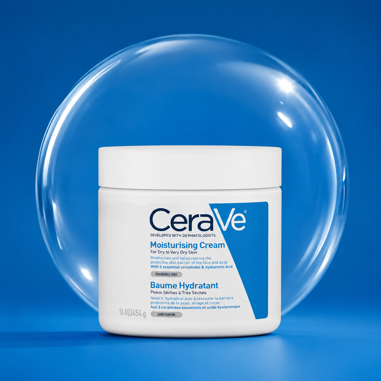 A white jar of CeraVe Moisturising Cream with a blue label, set against a vibrant blue background with a large clear bubble behind it.