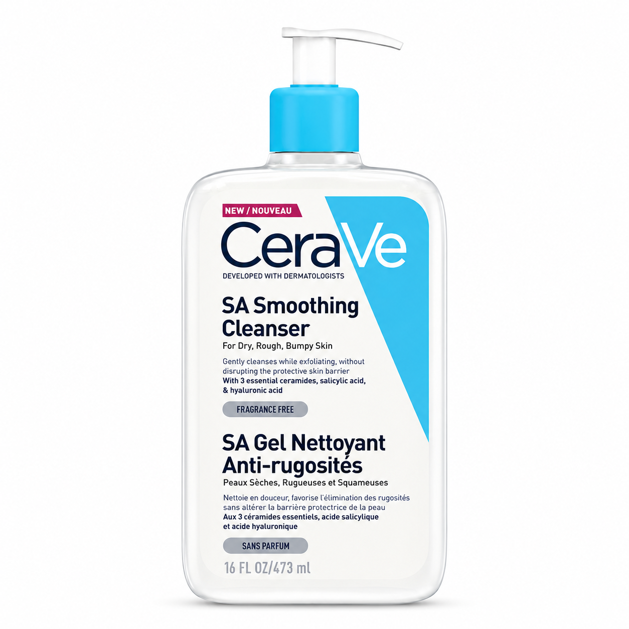 CeraVe SA Smoothing Cleanser in a 16 fl oz white plastic bottle with a bright blue cap and a blue and white label design, shown on a white background.