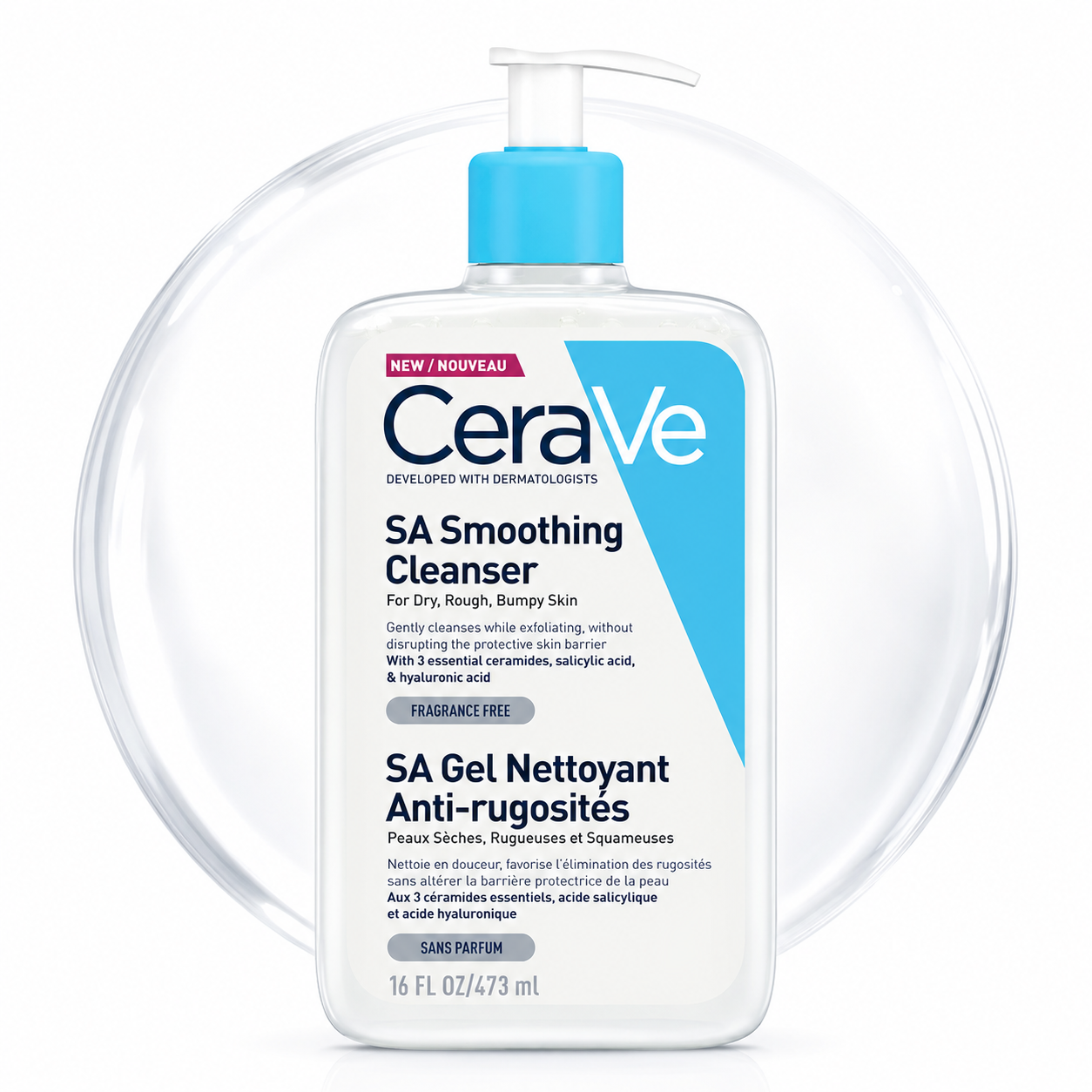 CeraVe SA Smoothing Cleanser in a 16 fl oz white plastic bottle with a bright blue cap and blue/white label, shown against a white background with a clear circular ring prop.