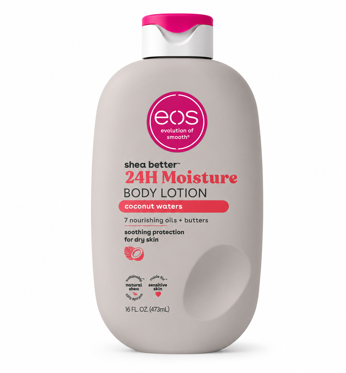 eos shea butter 24H moisture body lotion bottle on a white background