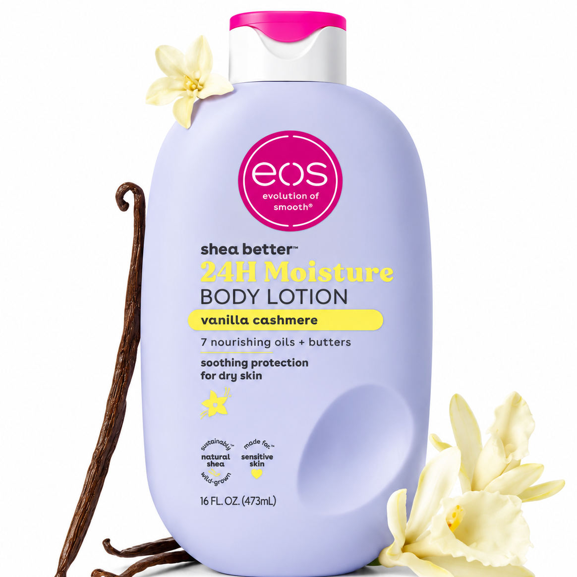 Eos shea butter 24-hour moisture body lotion with vanilla cashmere scent on a white background