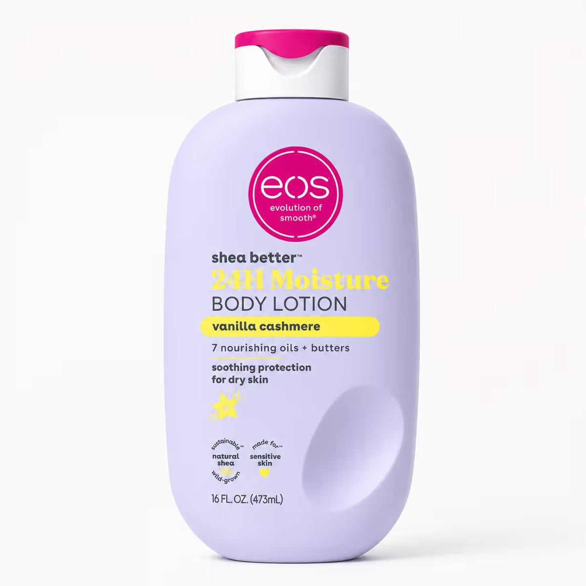 A 16 fl oz bottle of EOS Shea Better 24H Moisture Body Lotion in vanilla cashmere, featuring a light lavender bottle, a white and pink flip-top cap, and yellow and pink text on a clean white background.