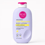 A 16 fl oz bottle of EOS Shea Better 24H Moisture Body Lotion in vanilla cashmere, featuring a light lavender bottle, a white and pink flip-top cap, and yellow and pink text on a clean white background.