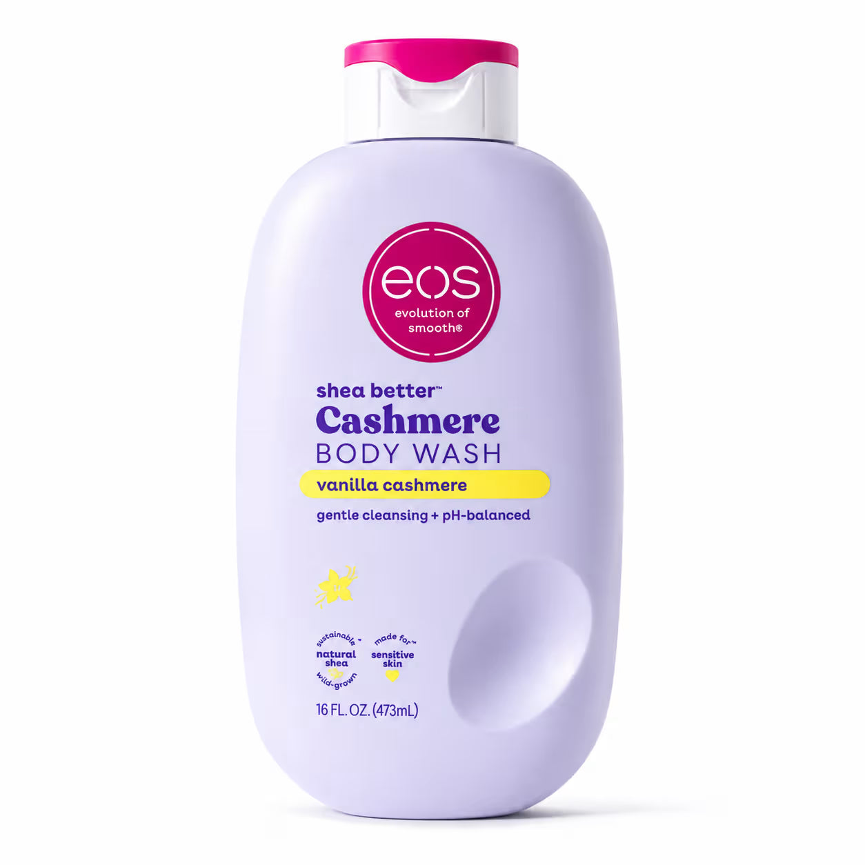 A 16 fl oz bottle of EOS Shea Better Cashmere Body Wash in vanilla cashmere scent, featuring a light lavender bottle with a pink cap and white label details, set against a plain white background.
