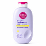 A 16 fl oz bottle of EOS Shea Better Cashmere Body Wash in vanilla cashmere scent, featuring a light lavender bottle with a pink cap and white label details, set against a plain white background.
