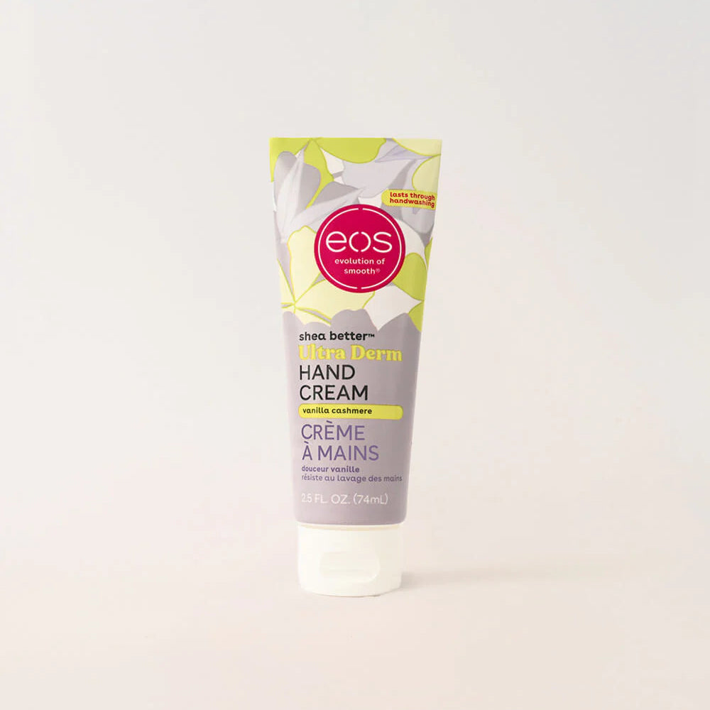 Tube of eos shea butter hand cream on a white background