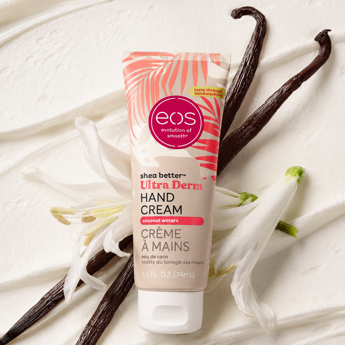 Tube of eos Ultra Derm Hand Cream with vanilla beans on a white fabric background