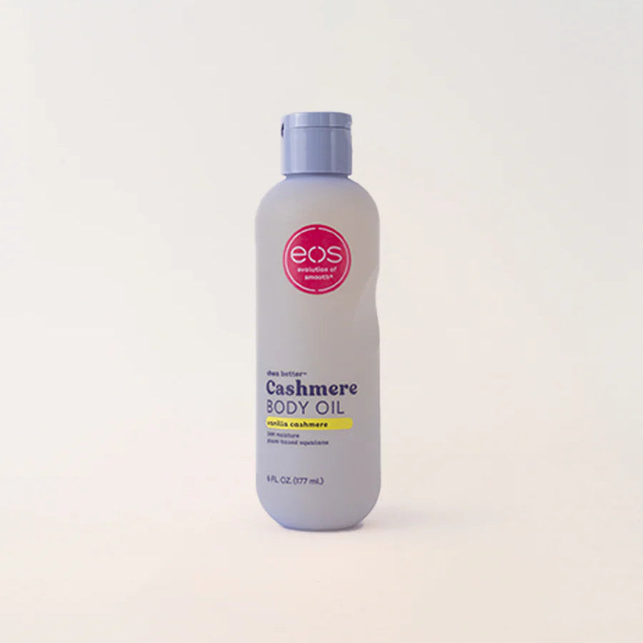 Bottle of EOS Cashmere Body Oil on a white background