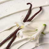 Vanilla beans and vanilla flower on a light wooden surface