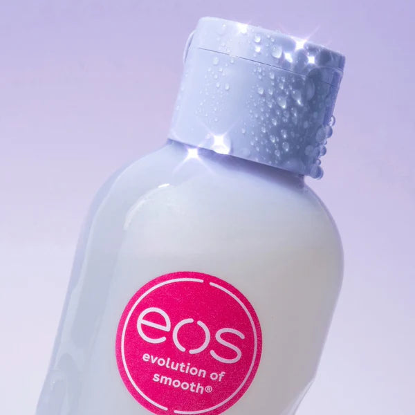 EOS lip balm bottle with a purple cap on a light purple background