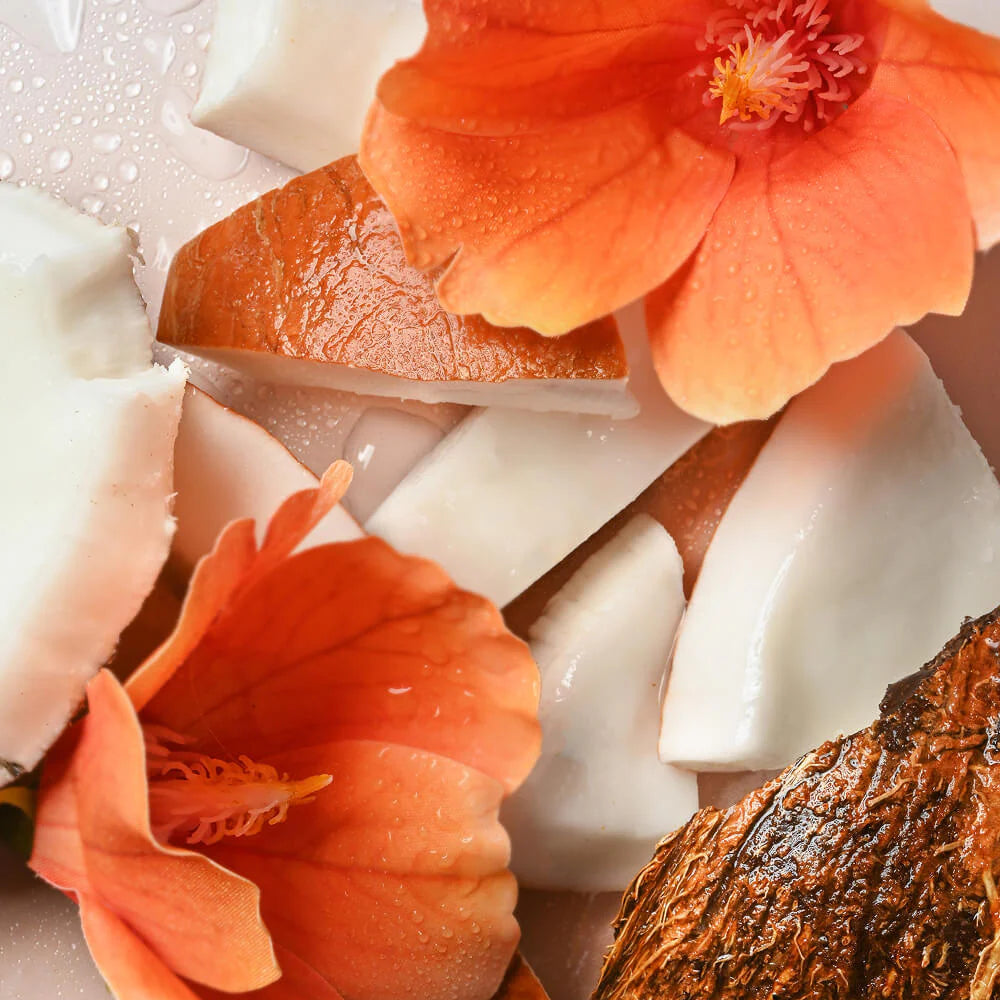 Close-up of coconut pieces and orange flowers on a light background