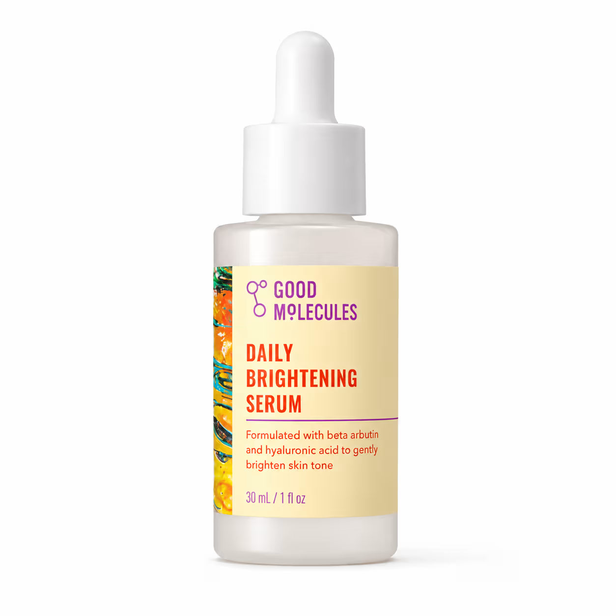 A 30 mL dropper bottle of Good Molecules Daily Brightening Serum on a clean white background. The bottle is frosted white with a white dropper cap and features a pale yellow label with purple and orange text.