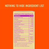 A vertical ingredient list card on a bright orange background with the headline 'NOTHING TO HIDE INGREDIENT LIST' at the top. The card has a pale yellow-beige body, purple header accents, and a table listing ingredients such as Aqua/Water/Eau, Arburin, 1,2-Hexanediol, Propanediol, Dipropylene Glycol, Glycerin, Polyacrylate Crosspolymer-6, Ethylhexylglycerin, Glycyrrhiza Glabra Root Extract, Tocopherol, Sodium Hyaluronate, and Hydrolyzed Hyaluronic Acid with percentages and PPM values.