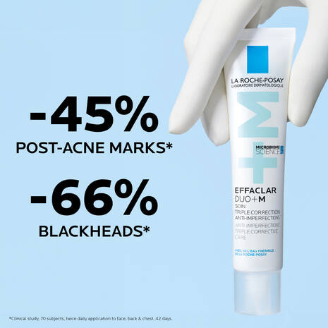 La Roche-Posay Effaclar Duo+M skincare product with promotional text on a light blue background