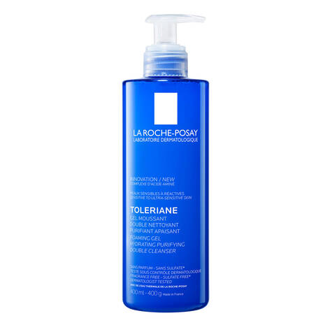 Blue bottle of La Roche-Posay Toleriane face cleanser on a white background