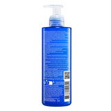 Blue pump bottle with white text and a white pump dispenser, shown from the back on a plain white background.