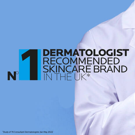Advertisement for a dermatologist recommended skincare brand with a doctor in a white coat on a blue background.