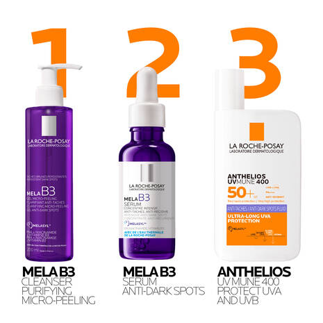 Three La Roche-Posay skincare products arranged side by side with large orange numbers 1, 2, and 3 above them: Mela B3 Cleanser Purifying Micro-Peeling in a purple bottle, Mela B3 Serum in a dark purple dropper bottle, and Anthelios UV Mune 400 Sunscreen in a white bottle.