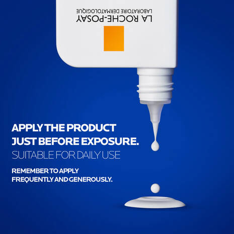 La Roche-Posay product with a blue background and text on application.