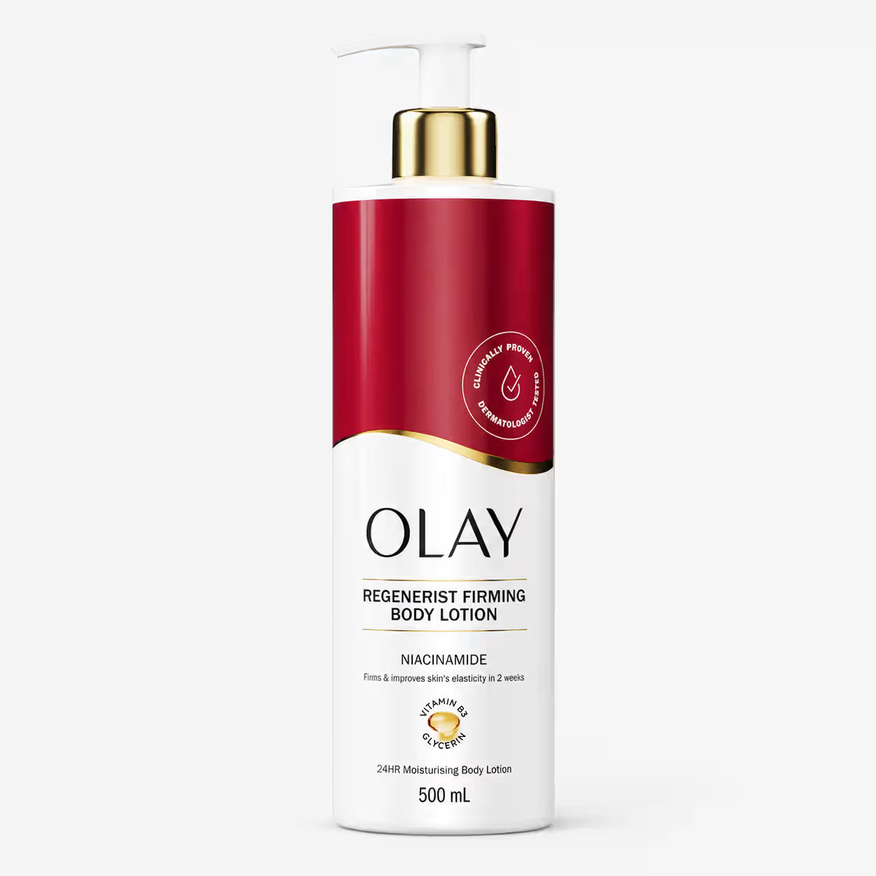 A 500 mL pump bottle of Olay Regenerist Firming Body Lotion on a light gray background. The bottle has a white and deep red label with a metallic gold pump and gold accents.