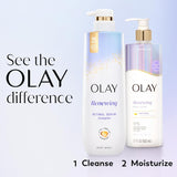 Two Olay skincare products with text 'See the Olay difference' on a light purple background.