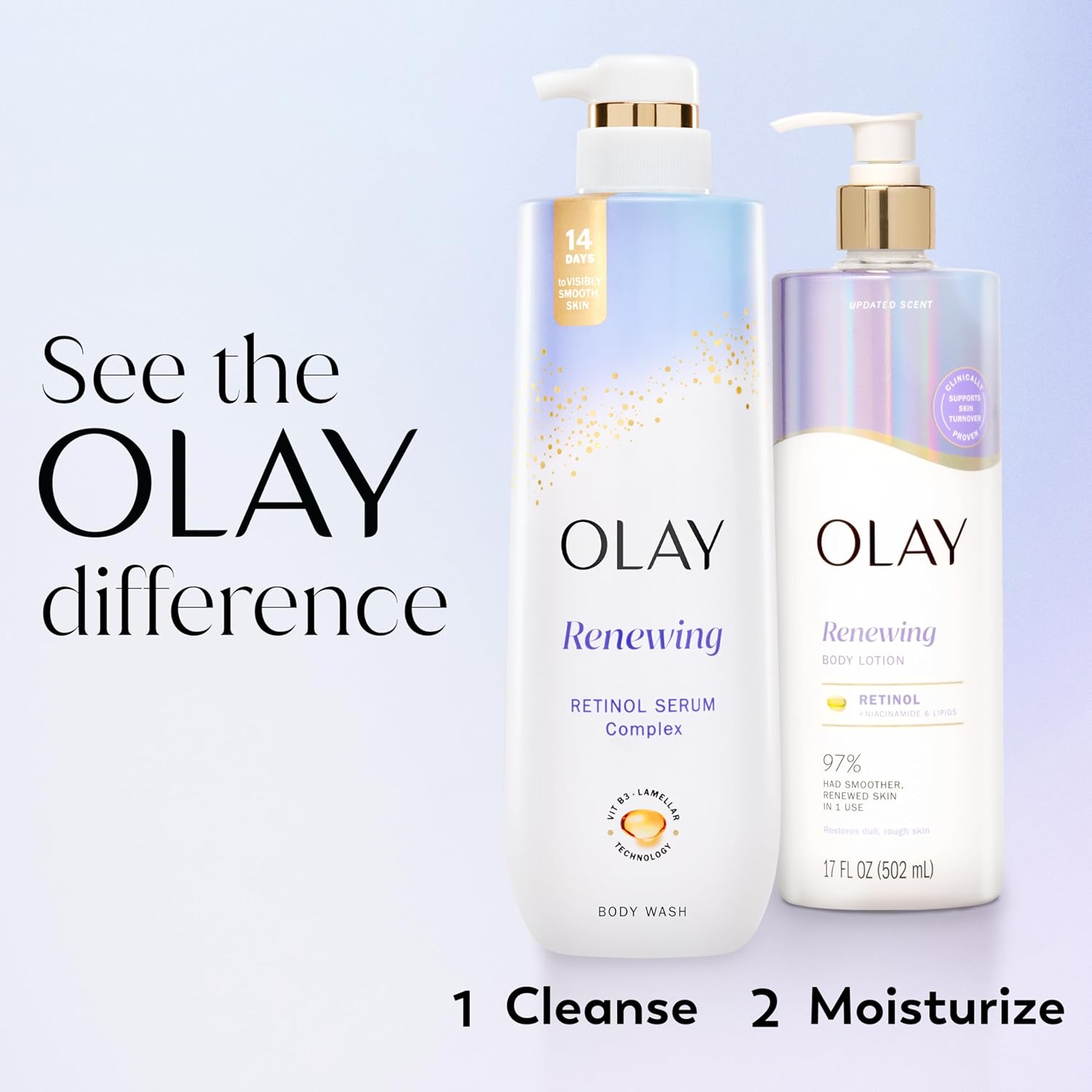 Two Olay skincare products with text 'See the Olay difference' on a light purple background.