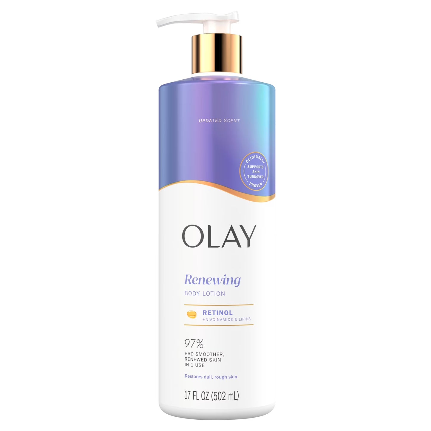 A 17 fl oz bottle of Olay Renewing Body Lotion with Retinol, featuring a white and iridescent purple body with a gold pump dispenser, set against a plain white background.