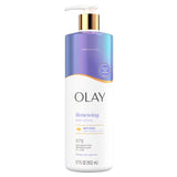 A 17 fl oz bottle of Olay Renewing Body Lotion with Retinol, featuring a white and iridescent purple body with a gold pump dispenser, set against a plain white background.