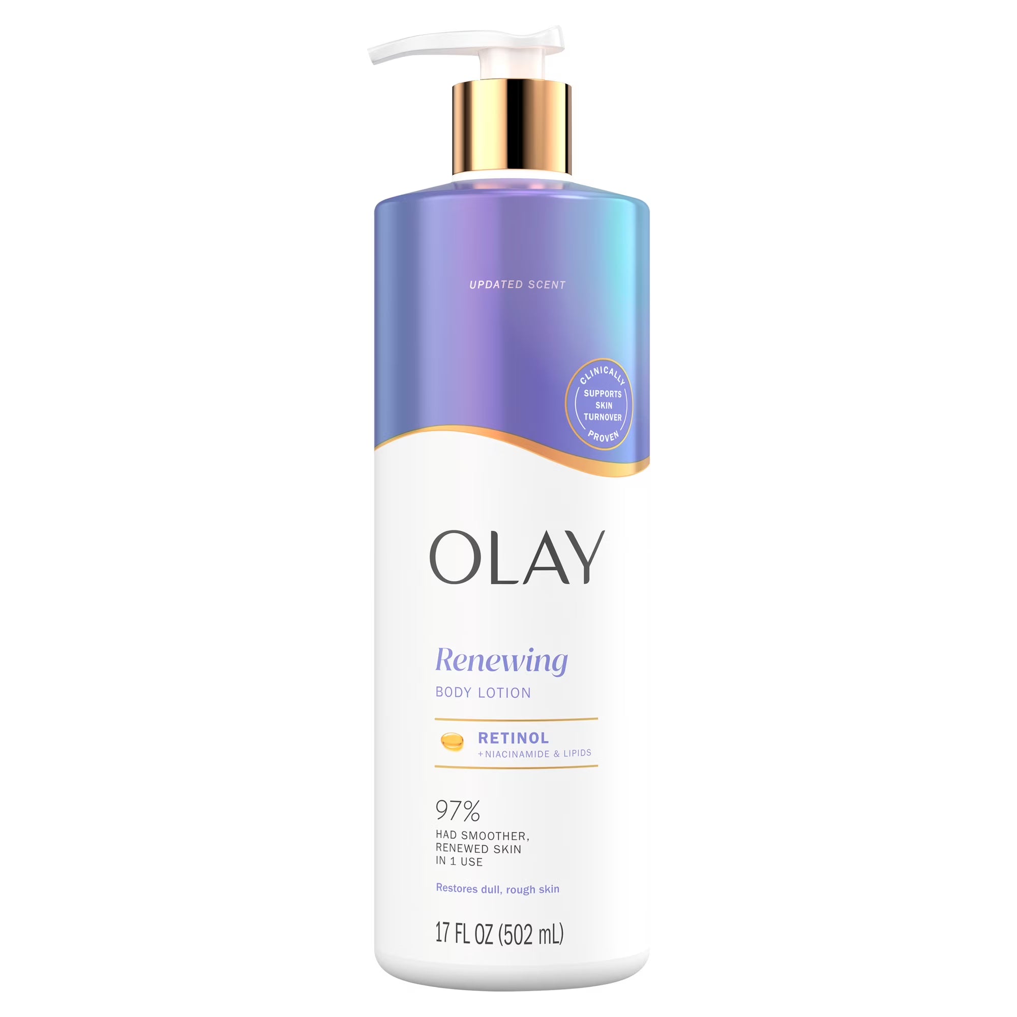 A 17 fl oz bottle of Olay Renewing Body Lotion with Retinol, featuring a white and iridescent purple body with a gold pump dispenser, set against a plain white background.