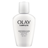 A white bottle of Olay Complete Moisturise & Glow neck lotion with black text, shown on a solid white background.