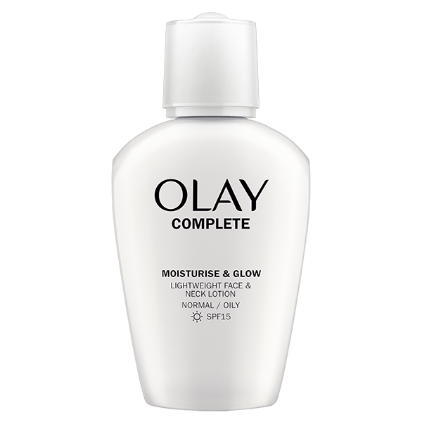 A white bottle of Olay Complete Moisturise & Glow neck lotion with black text, shown on a solid white background.