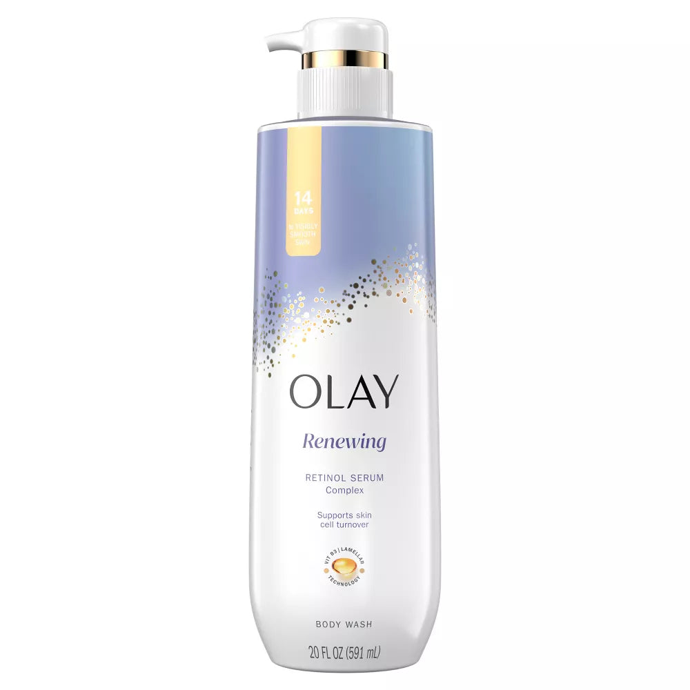 A 591 mL bottle of Olay Renewing Retinol Serum Complex Body Wash, featuring a white and light blue design with gold accents and a white pump dispenser.
