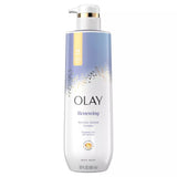 A 591 mL bottle of Olay Renewing Retinol Serum Complex Body Wash, featuring a white and light blue design with gold accents and a white pump dispenser.