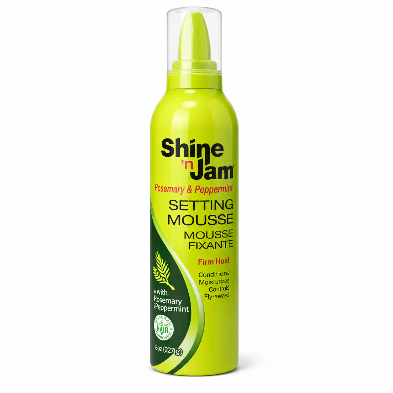 A single bottle of Shine in Jam Setting Mousse in a bright lime green color, shown on a clean white background. The bottle has a clear cap and a green and black label with rosemary and peppermint details.