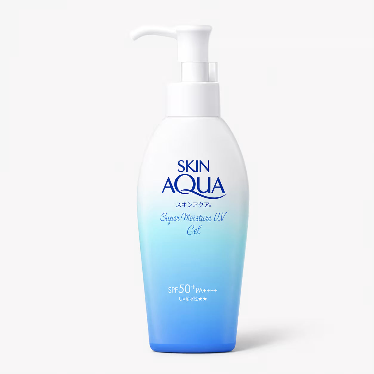 A bottle of SKIN AQUA Super Moisture UV Gel with a white pump dispenser, featuring a white-to-blue gradient design on a clean white background.