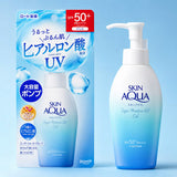 ROHTO Skin Aqua Super Moisture UV Gel shown with its retail packaging on a light blue background. The product is a pump bottle with a white-to-blue gradient, featuring blue text and a white pump dispenser.