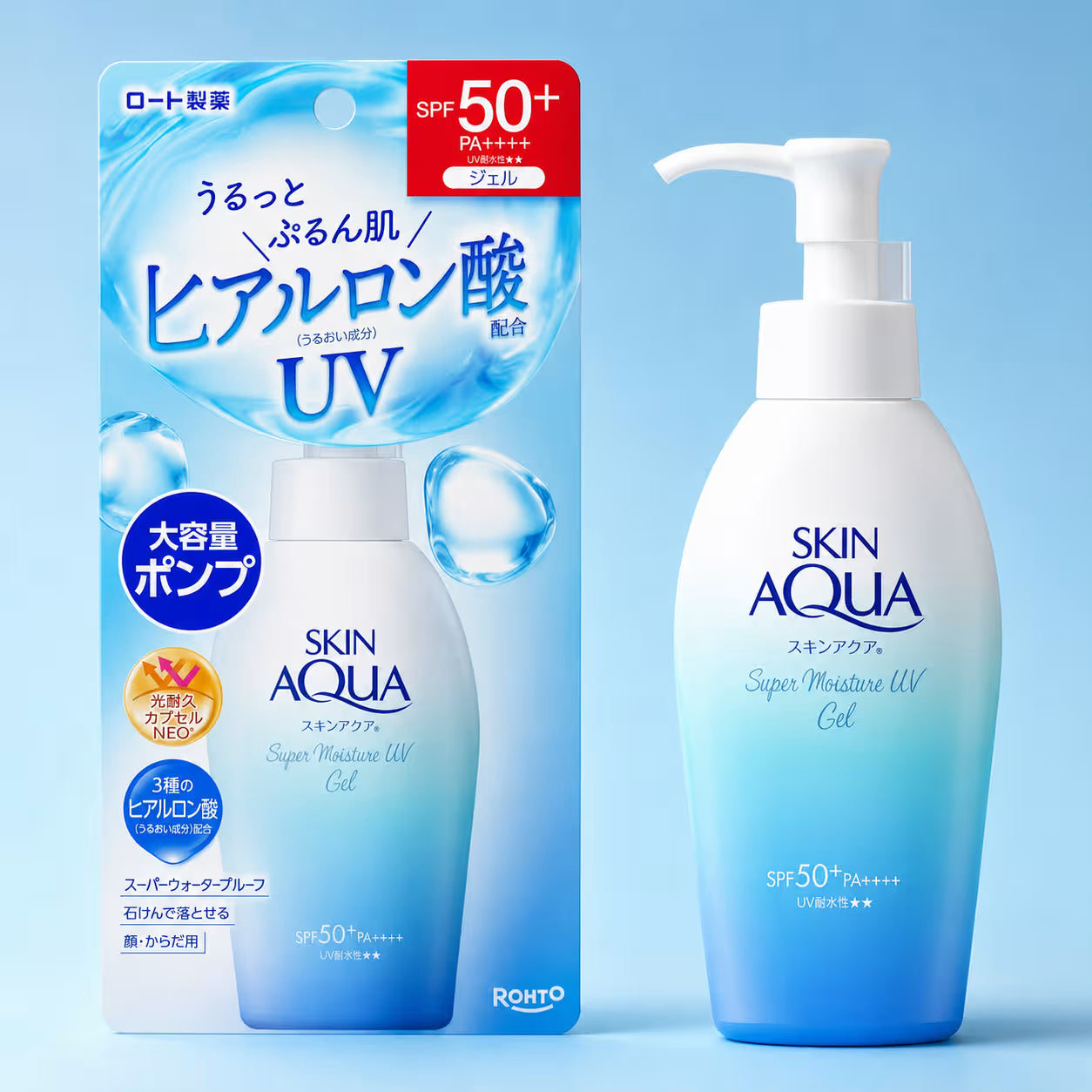 ROHTO Skin Aqua Super Moisture UV Gel shown with its retail packaging on a light blue background. The product is a pump bottle with a white-to-blue gradient, featuring blue text and a white pump dispenser.