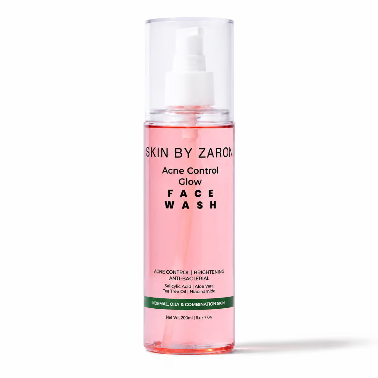 A 200ml clear bottle of Skin By Zaron Acne Control Glow Face Wash containing pink liquid, with a white pump dispenser, set against a plain white background.