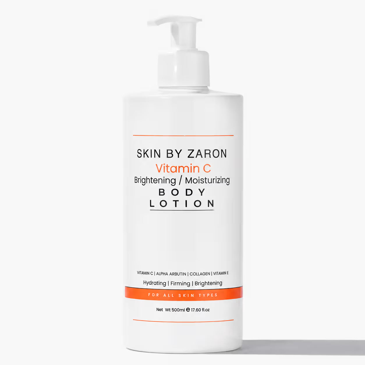 A 500ml white pump bottle of Skin By Zaron Vitamin C Brightening Moisturizing Body Lotion, shown on a clean white background with a soft shadow.