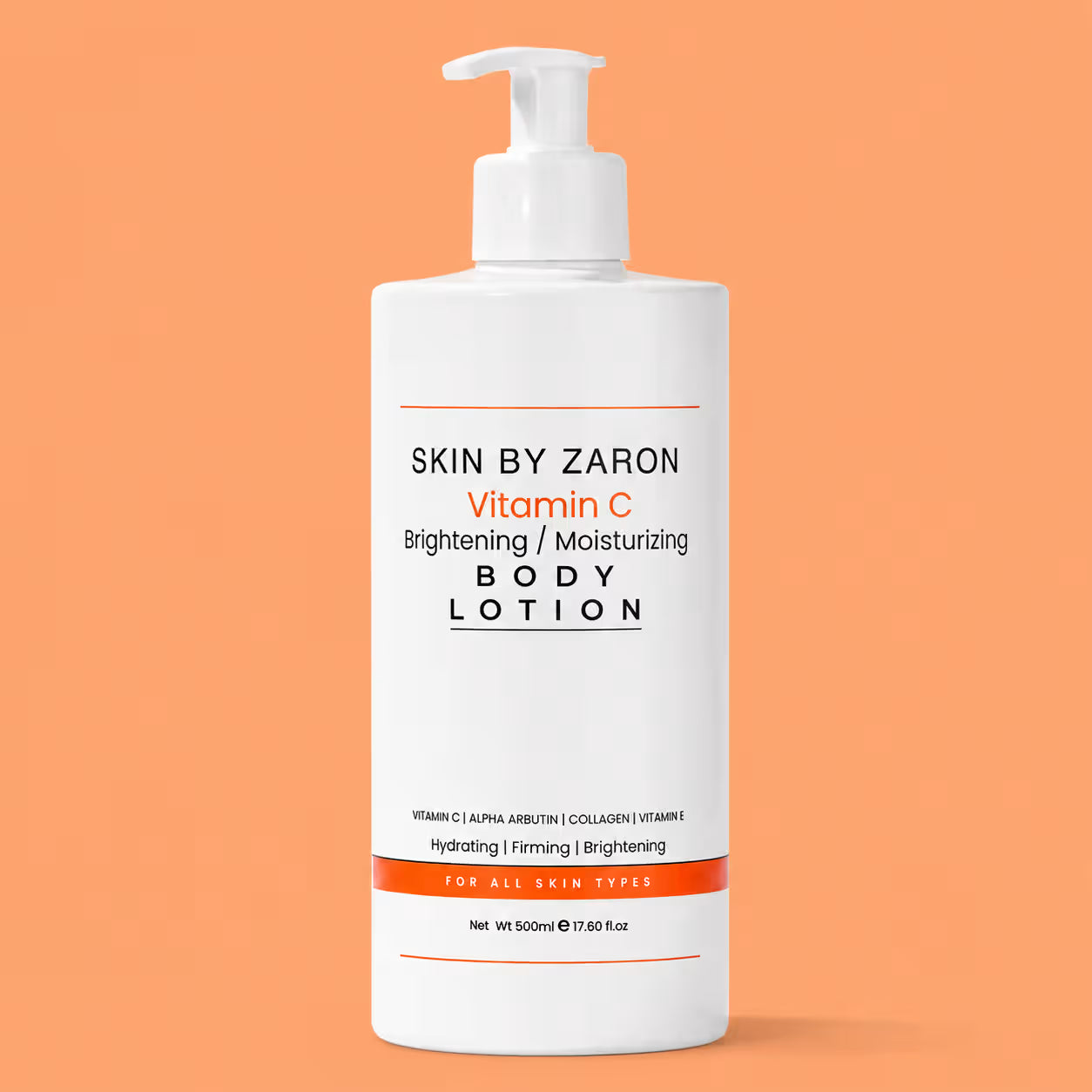 A 500ml white pump bottle of Skin By Zaron Vitamin C Brightening Moisturizing Body Lotion, set against a solid peach-orange background.