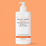 A 500ml white pump bottle of Skin By Zaron Vitamin C Brightening Moisturizing Body Lotion, set against a solid peach-orange background.